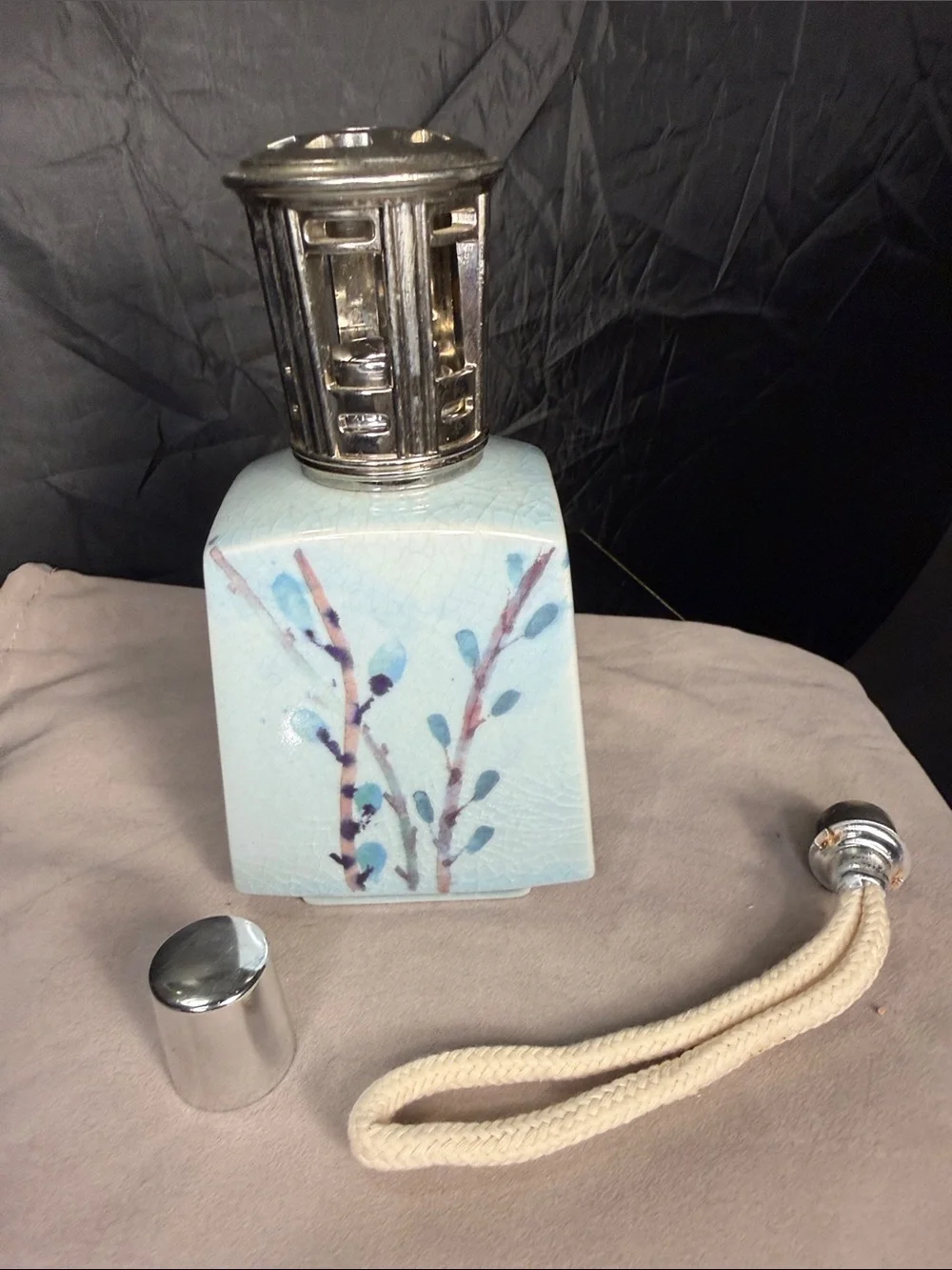 Ceramic Fragrance Lamp with Light Blue Botanical Design vintage
